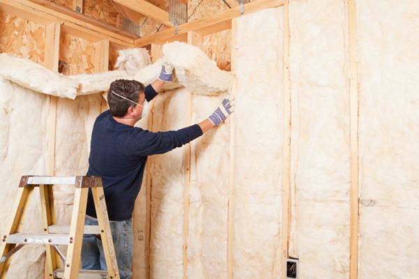 A man installs insulation in his home